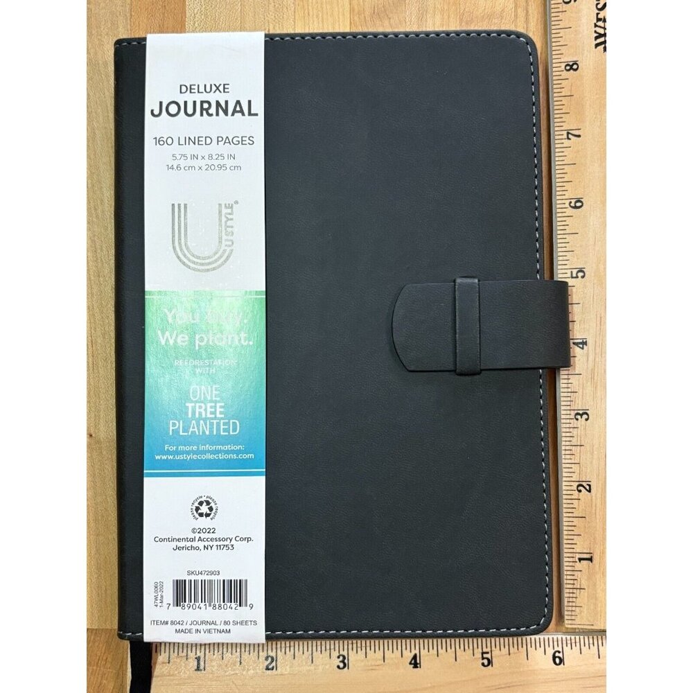 Deluxe Journal Diary Notebook Black Faux Leather 160 Lined Pages 5.75"W X 8.25"H